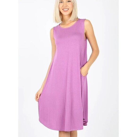 Zenana Mauve‎ Sleeveless A-Line Summer Dress with Pockets - Size M - Picture 2 of 5